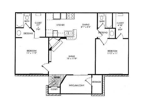 Floor plan for 2 beds, 2 baths, 865 sqft