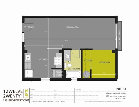 Floor plan for studio, 1 bath, 613 sqft