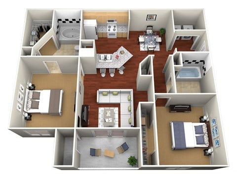 Floor plan for 2 beds, 2 baths, 988 sqft