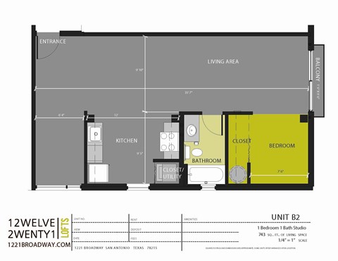 Floor plan for studio, 1 bath, 743 sqft