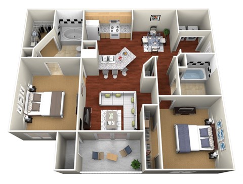 Floor plan for 2 beds, 2 baths, 988 sqft