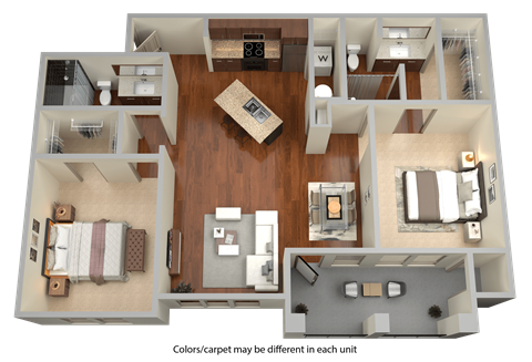 Floor plan for 2 beds, 2 baths, 1073 sqft