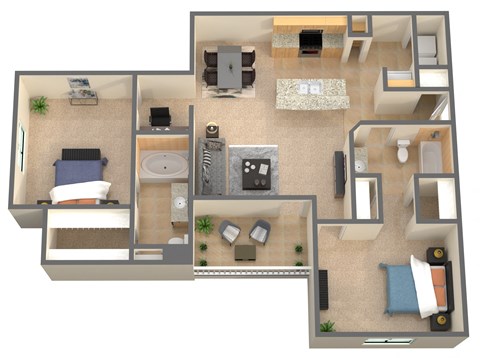 Floor plan for 2 beds, 2 baths, 1044 sqft