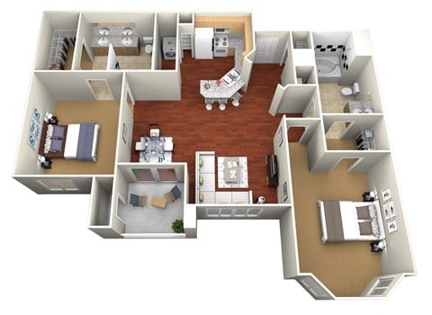 Floor plan for 2 beds, 2 baths, 1073 sqft