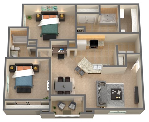 Floor plan for 2 beds, 2 baths, 1128 sqft