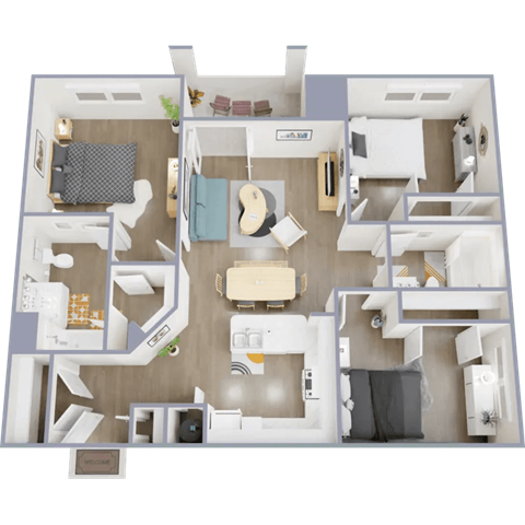 Floor plan for 3 beds, 2 baths, 1250 sqft