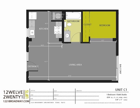 Floor plan for studio, 1 bath, 654 sqft