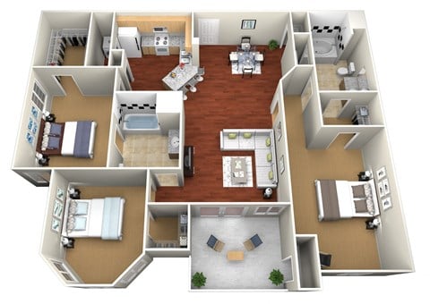 Floor plan for 3 beds, 2 baths, 1256 sqft