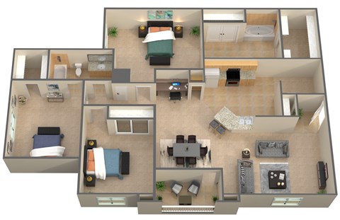 Floor plan for 3 beds, 2 baths, 1321 sqft