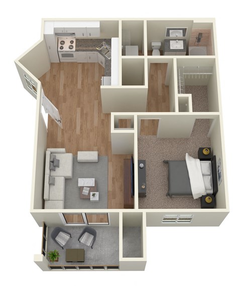 Floor plan for 1 bed, 1 bath, 672 sqft