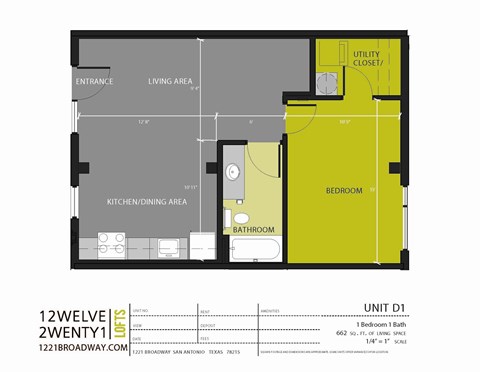 Floor plan for 1 bed, 1 bath, 662 sqft