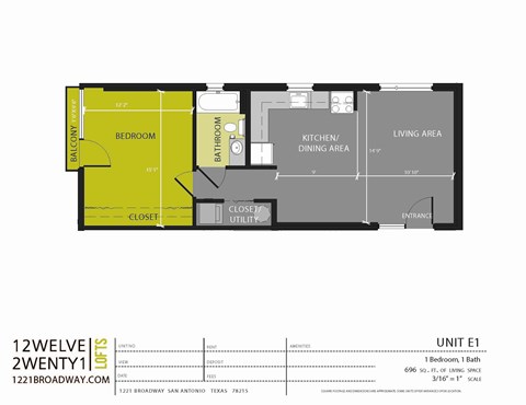 Floor plan for 1 bed, 1 bath, 696 sqft