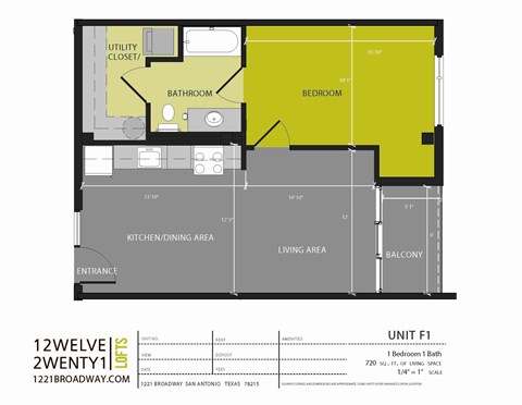 Floor plan for 1 bed, 1 bath, 720 sqft