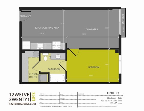 Floor plan for 1 bed, 1 bath, 720 sqft