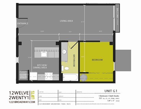 Floor plan for 1 bed, 1 bath, 757 sqft