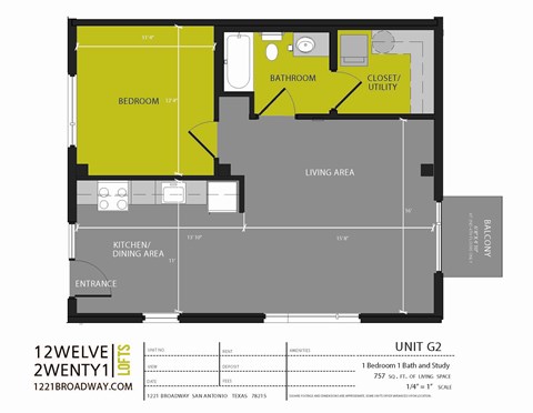 Floor plan for 1 bed, 1 bath, 757 sqft