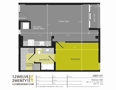 Floor plan for 1 bed, 1 bath, 762 sqft