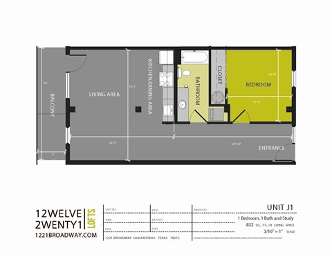 Floor plan for 1 bed, 1 bath, 832 sqft