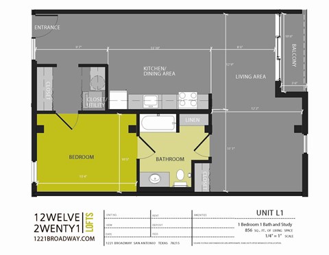 Floor plan for 1 bed, 1 bath, 856 sqft