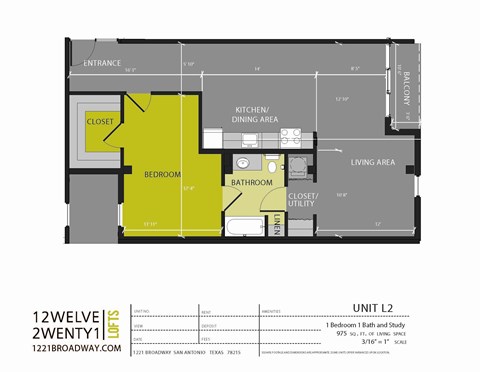 Floor plan for 1 bed, 1 bath, 975 sqft