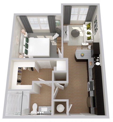Floor plan for 1 bed, 1 bath, 583 sqft