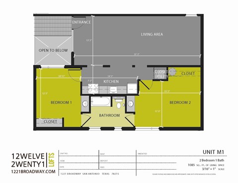 Floor plan for 2 beds, 1 bath, 1085 sqft