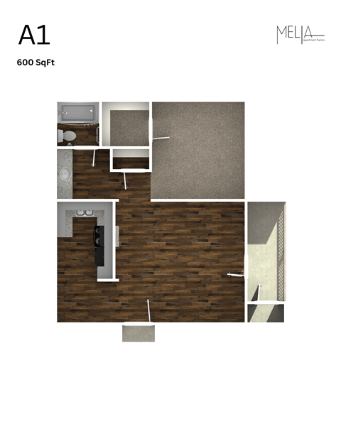 Floor plan for 1 bed, 1 bath, 600 sqft