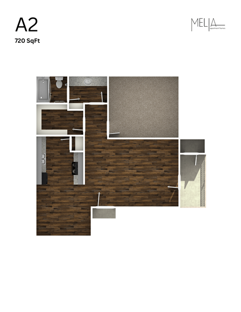 Floor plan for 1 bed, 1 bath, 720 sqft