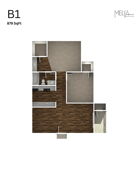 Floor plan for 2 beds, 1 bath, 879 sqft