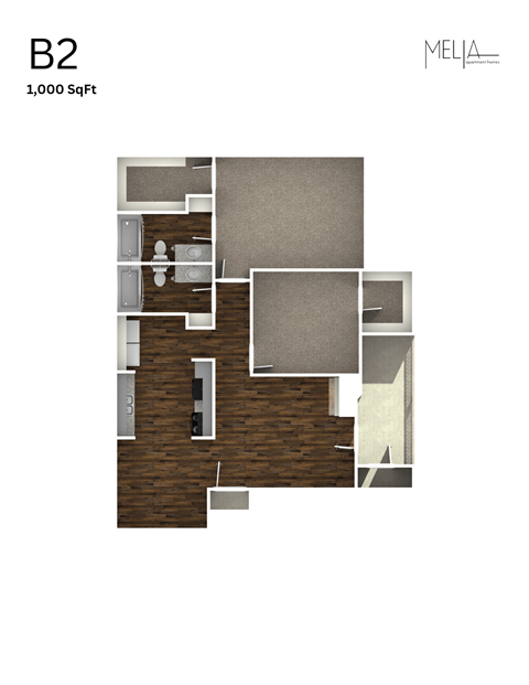 Floor plan for 2 beds, 2 baths, 1000 sqft