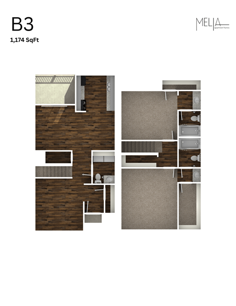 Floor plan for 2 beds, 2.5 baths, 1174 sqft