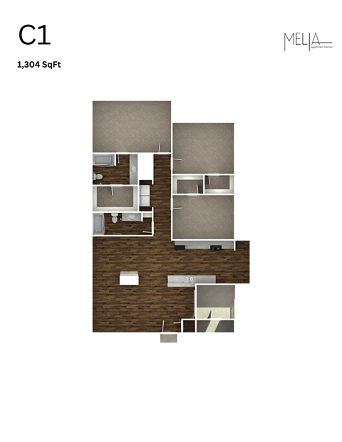 Floor plan for 3 beds, 2 baths, 1304 sqft