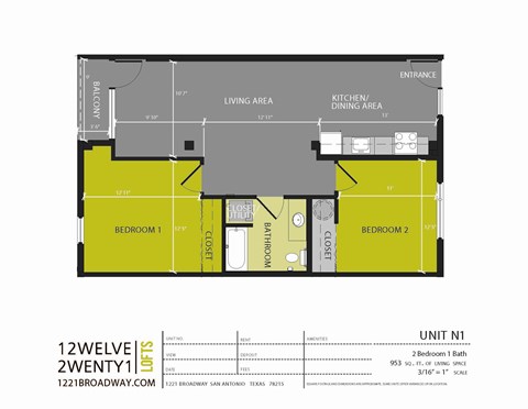 Floor plan for 2 beds, 1 bath, 953 sqft