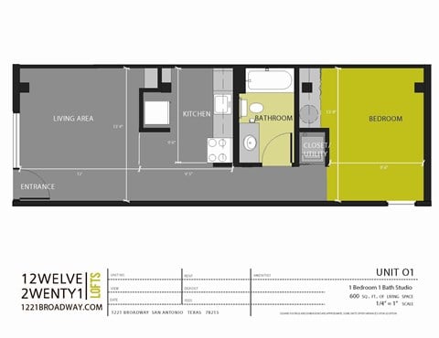 Floor plan for studio, 1 bath, 600 sqft