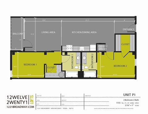 Floor plan for 2 beds, 2 baths, 1155 sqft