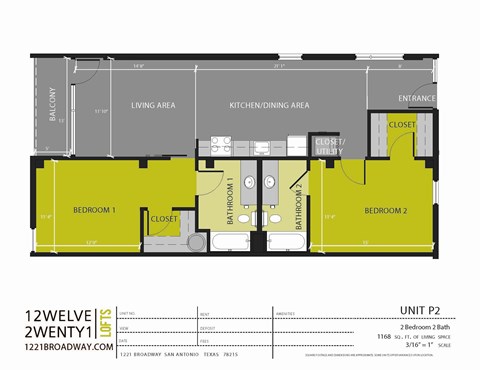 Floor plan for 2 beds, 2 baths, 1168 sqft