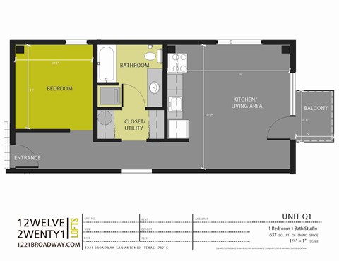 Floor plan for studio, 1 bath, 637 sqft