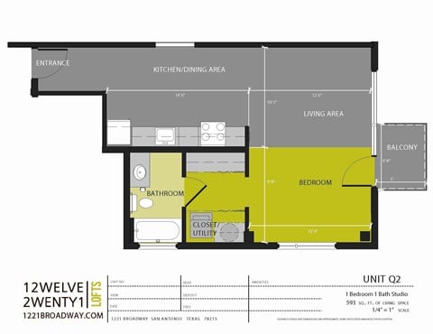 Floor plan for studio, 1 bath, 593 sqft