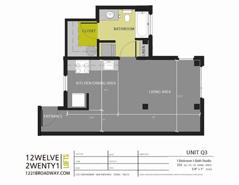 Floor plan for studio, 1 bath, 532 sqft