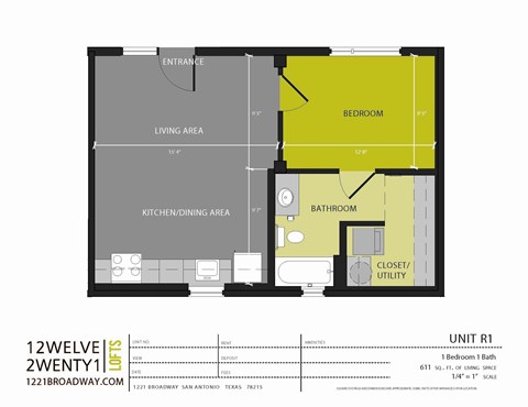 Floor plan for 1 bed, 1 bath, 611 sqft
