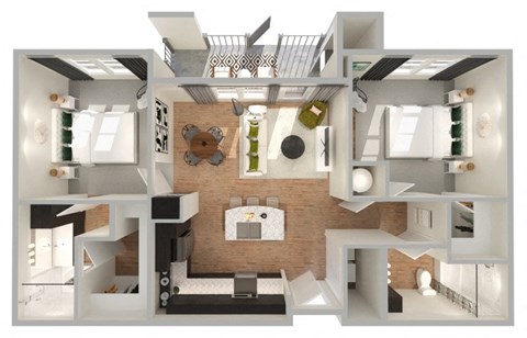 Floor plan for 2 beds, 2 baths, 1073 sqft