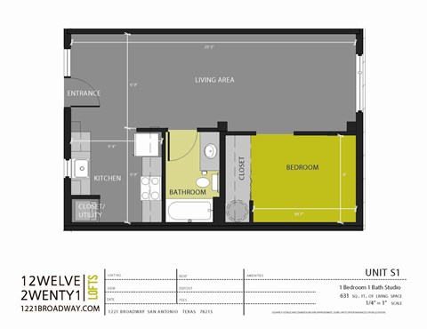 Floor plan for studio, 1 bath, 631 sqft
