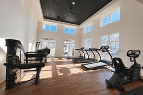 San Marcos apartment for rent - a gym with cardio equipment and windows in a building at The Fitzroy San Marcos, Texas