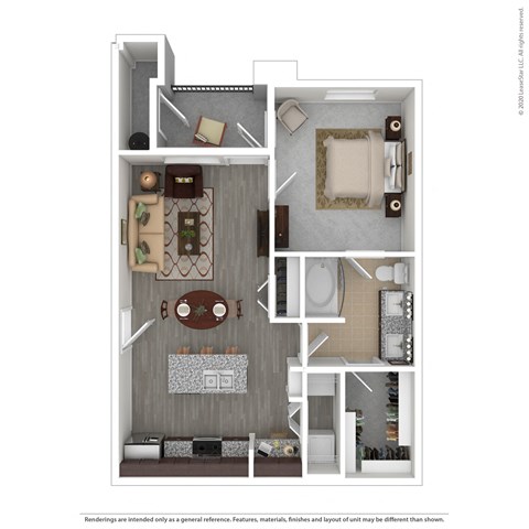Floor plan for 1 bed, 1 bath, 684 sqft