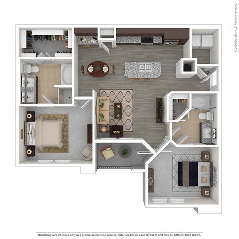Floor plan for 2 beds, 2 baths, 1088 sqft