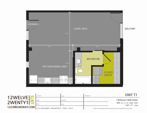 Floor plan for studio, 1 bath, 654 sqft