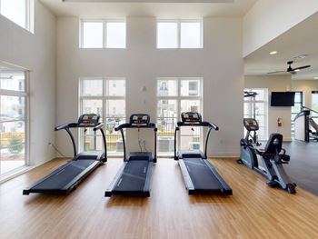 The gym is equipped with cardio equipment including treadmills