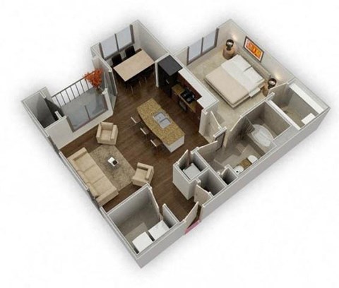 Floor plan for 1 bed, 1 bath, 767 sqft