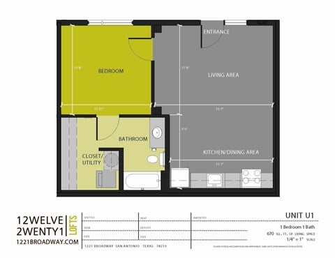 Floor plan for 1 bed, 1 bath, 670 sqft