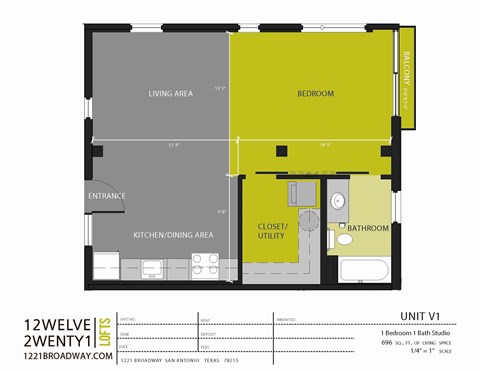 Floor plan for studio, 1 bath, 696 sqft
